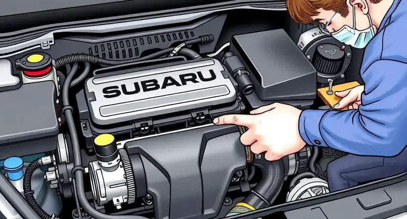 A detailed illustration of a Subaru engine bay with a mechanic inspecting the PCV valve. The valve should be clearly visible, and the surrounding engine components should be realistically rendered. Focus on the valve's location and connection points.
