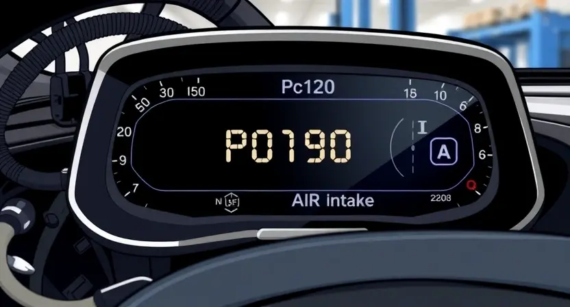 A detailed illustration of an engine diagnostic panel displaying a P0190 code, with visual representations of fuel pressure and air intake. The background should be a clean, professional automotive workshop environment.