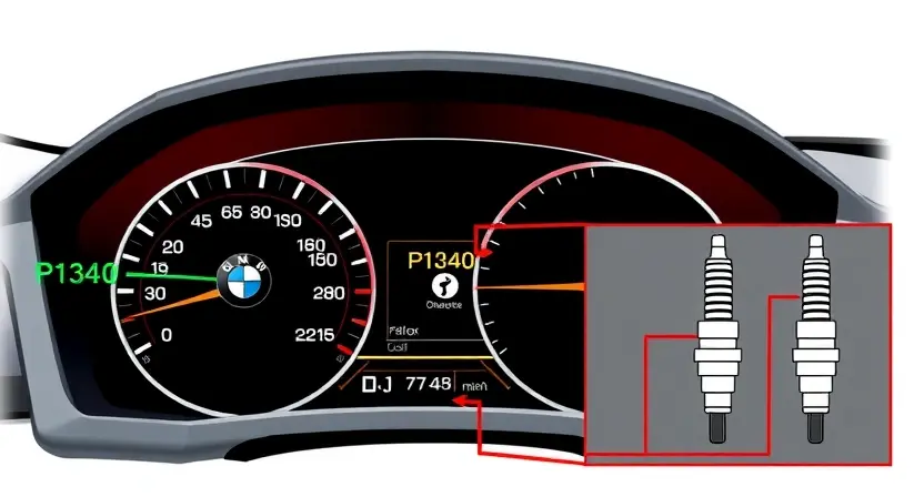 A high-quality technical illustration of a BMW vehicle dashboard showing an illuminated engine warning light with the specific error code P1340 displayed prominently, accompanied by a detailed schematic of the ignition coil and spark plug wiring, clean white background, professional automotive diagnostic style