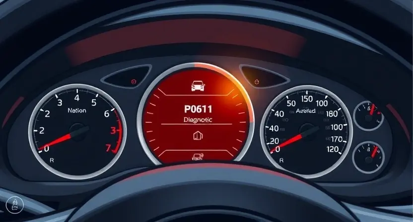 A detailed illustration of a car's dashboard with a diagnostic light illuminated, specifically the P0611 code indicator. The dashboard should show various gauges and warning lights, with the P0611 light highlighted. The car's interior should be realistically depicted.