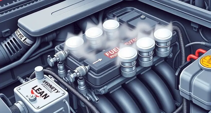 A detailed illustration of a car engine's fuel system, specifically highlighting the fuel injectors and intake manifold. The image should visually represent a lean fuel mixture issue, perhaps with subtle visual cues like a slightly hazy or incomplete combustion effect within the cylinders. Focus on the internal components and their relationship to fuel delivery.