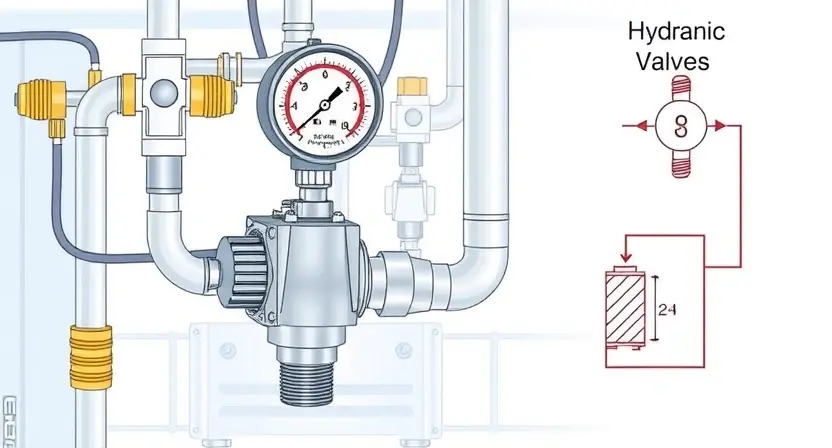A detailed illustration of a hydraulic pressure control system, focusing on a solenoid valve. The image should show the valve, pressure gauge, hoses, and a schematic diagram illustrating the flow of hydraulic fluid. The background should be a clean, technical environment.