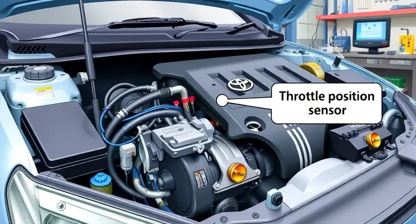 A detailed illustration of a car engine with a focus on the throttle position sensor, highlighting its location and components. The image should show a Toyota or Mitsubishi car engine with the sensor clearly visible, emphasizing the wiring and connections. The background should be a clean, well-lit workshop setting with tools and diagnostic equipment in the background.