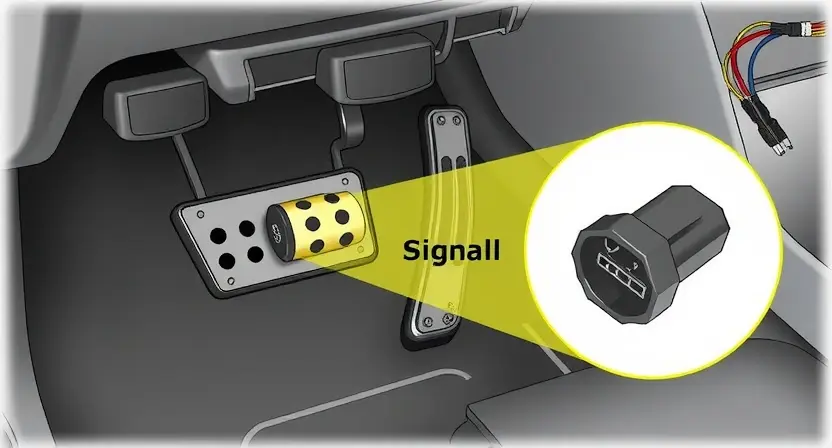 A detailed illustration of a car's pedal position sensor, highlighting the sensor itself and its connection to the vehicle's wiring harness. The image should clearly show the sensor's physical components and its position relative to the accelerator pedal. Focus on the sensor's internal workings, if possible, to convey the concept of signal detection.