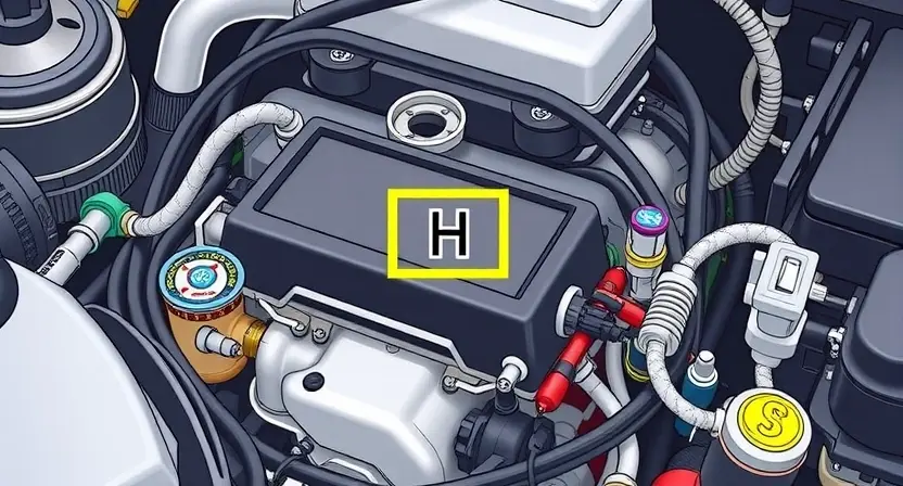 A detailed illustration of a car's engine control unit (ECU) with a highlighted solenoid valve labeled 'H'. The ECU should be surrounded by various automotive components like sensors, wiring harnesses, and hoses. The image should clearly depict the solenoid valve and its connection to the pressure control system.