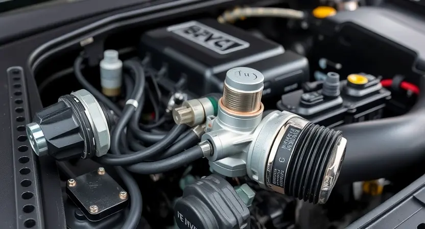 A close-up, detailed image of a car engine bay. Focus on the HVAC (Heating, Ventilation, and Air Conditioning) system components, specifically the coolant temperature sensor and related hoses. The engine should be clean and well-maintained. The overall lighting should be bright and even, highlighting the details of the components.