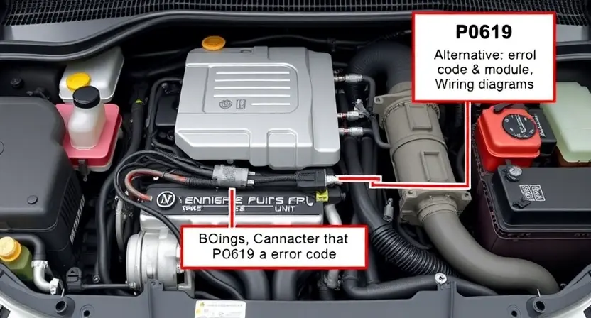 A detailed illustration of an engine bay with a focus on the alternative fuel system components. Include a visual representation of the ECU (Engine Control Unit) and the fuel module. Show wiring diagrams connecting the components, highlighting the P0619 error code. The overall scene should be clean and well-lit, emphasizing technical accuracy.