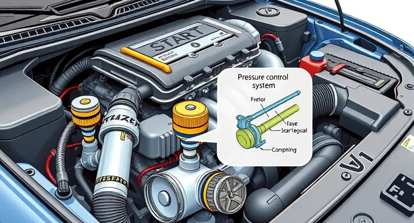 A detailed illustration of a car's engine bay, focusing on the pressure control system components. Show a diagrammatic representation of the system with hoses, sensors, and a pressure regulator. The engine should be partially visible in the background, suggesting the context of the issue.