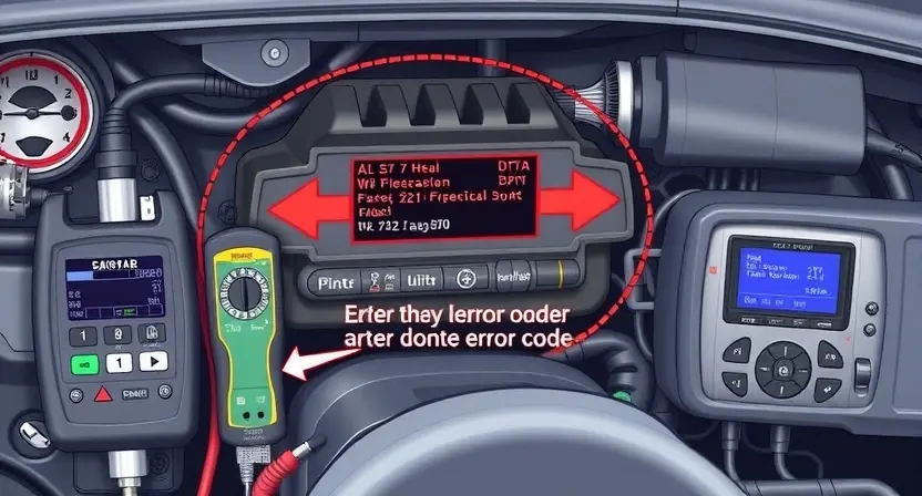 A detailed illustration of a car's engine control unit (ECU) with various diagnostic tools connected, highlighting a potential error code display. The background should be a clean, technical environment.