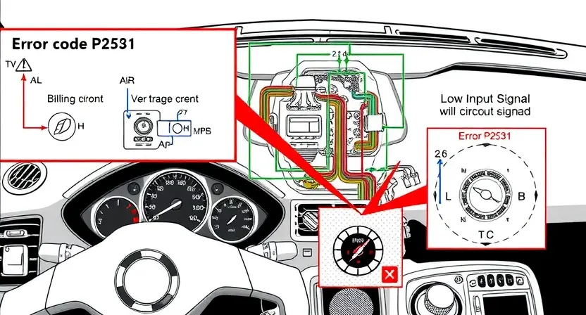 A high-quality technical illustration of an automotive ignition system showing a low input signal circuit warning for a keyless entry system, with clear labels indicating error code P2531, featuring detailed wiring diagrams, dashboard symbols, and engine components in a professional technical drawing style