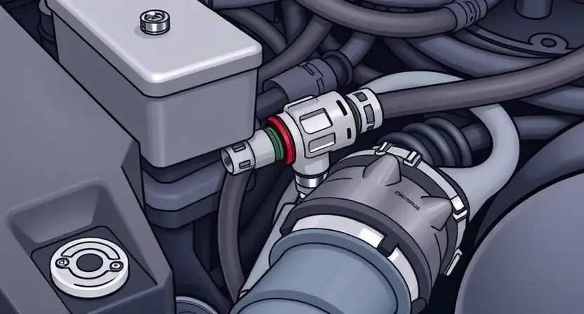 A close-up, detailed illustration of a car's engine bay, focusing on the coolant temperature sensor and surrounding components. The sensor should be clearly visible, with hoses and wiring connected. The overall scene should convey a sense of automotive mechanics and diagnostics.