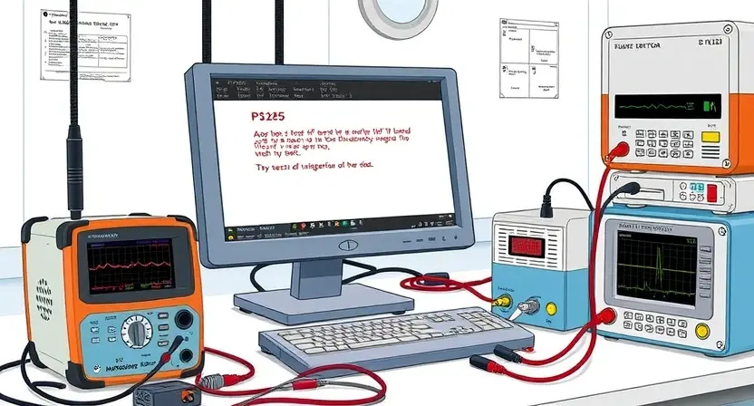 A detailed illustration of diagnostic equipment, specifically focusing on a computer with a connected monitor displaying error messages related to P3125. The equipment should include a multimeter, a signal generator, and various cables and connectors. The scene should be set in a clean, well-lit laboratory environment.
