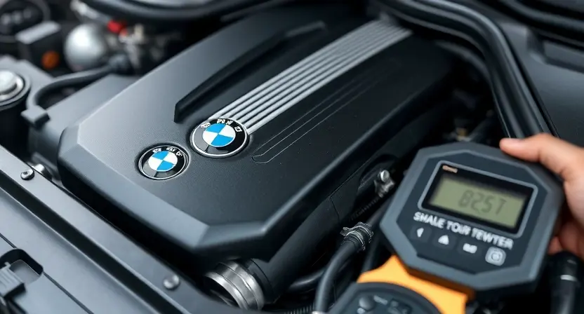 A close-up, detailed shot of a BMW engine bay. Focus on the engine control unit (ECU) and related wiring harnesses. The engine should appear clean and well-maintained. Subtle hints of diagnostic tools (like a scan tool displaying a code) can be included, but the focus remains on the engine and its components.