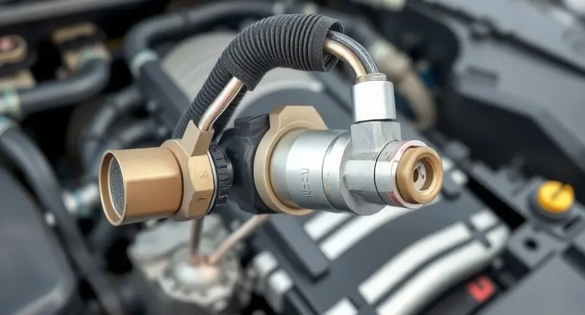 A close-up, detailed illustration of a car's differential pressure sensor and its associated wiring harness. The sensor should be clearly visible, showing its physical components. The wiring should be neatly organized and connected to the sensor. The background should be a slightly blurred view of the car's engine compartment, suggesting a realistic automotive setting. Focus on the sensor and wiring, highlighting their connection and potential points of failure. The image should convey technical