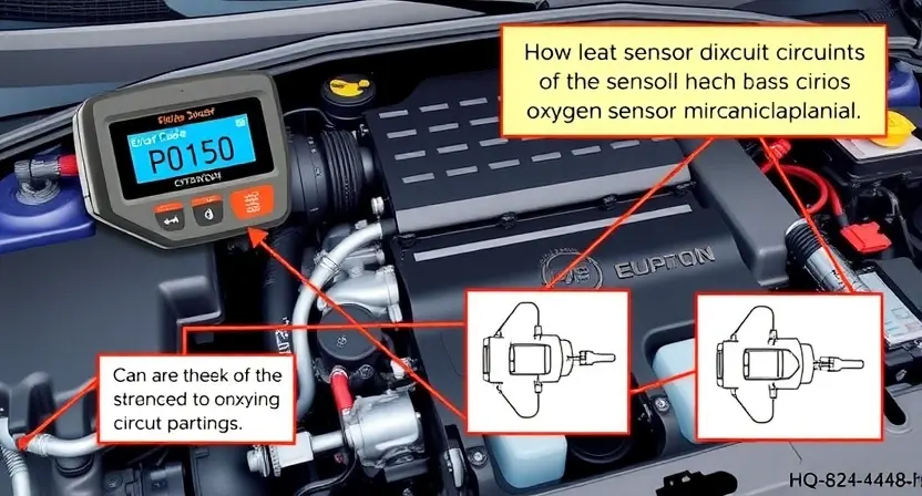 A high-quality technical illustration showing a car engine with a diagnostic scanner displaying error code P0150, highlighting the oxygen sensor circuit malfunction, with clear labels and diagrams of sensor components, in the style "HQ-832-448-h"