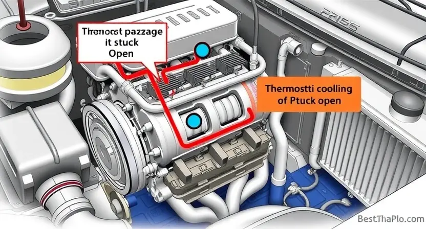 A detailed illustration of a car engine with a focus on the cooling system. The image should show the thermostat, coolant passages, and radiator. The thermostat should be highlighted to indicate it is stuck open, which is a common cause of the P0126 error code. The engine should be depicted in a cross-section to clearly show the internal components and the flow of coolant. The overall scene should have a technical and educational feel, suitable for a mechanical or automotive context.