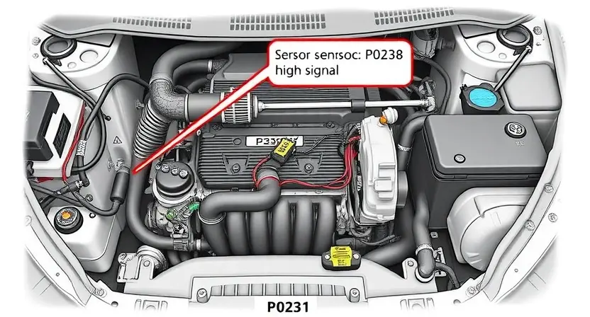 A detailed illustration of an automotive engine bay, focusing on the sensor circuit. Include a visual representation of the P0238 error code, perhaps as a highlighted area on a diagnostic tool screen. Show the sensor, wiring, and potential causes of the high signal.