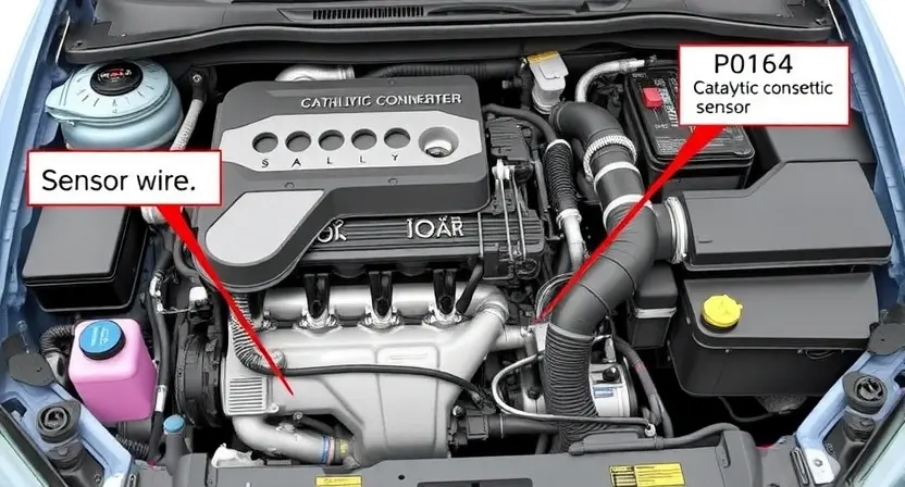 A detailed illustration of an automotive engine bay with a focus on the catalytic converter and associated sensors. The engine should be partially disassembled to reveal the components. Include visual cues indicating a potential P0164 error, such as a loose or damaged sensor wire.
