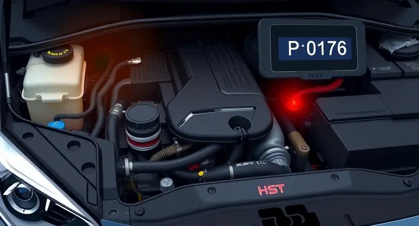 A detailed illustration of a car's engine bay with a diagnostic trouble code (DTC) light illuminated. The focus should be on the engine components, specifically the fuel system, with visual cues indicating a potential lean condition. Include a digital representation of the P0176 code displayed on a dashboard screen.