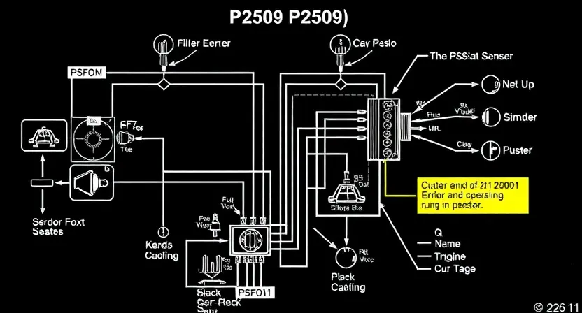 A detailed schematic diagram illustrating the P2509 error code in a vehicle's engine control unit (ECU). The diagram should show the relevant sensors, actuators, and wiring related to the error, with clear labels and annotations. Include a visual representation of the error's impact on the engine's operation.