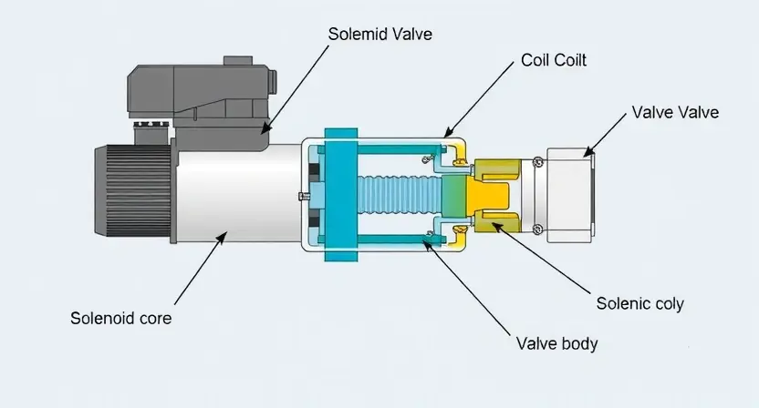 A detailed illustration of a solenoid valve, highlighting its components like the coil, solenoid core, and valve body. The image should be scientifically accurate and clearly show the internal workings.