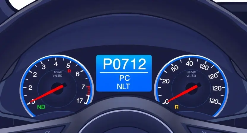 A detailed illustration of a car's dashboard with the P0712 error code illuminated on the display. The dashboard should be brightly lit, showcasing the error code clearly. Include relevant car components like the steering wheel, speedometer, and other gauges in the background.
