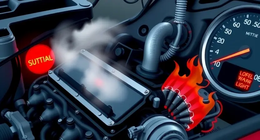 A detailed illustration of an engine overheating, showing coolant levels dropping, steam rising from the engine block, and warning lights illuminated on the dashboard. The engine should be partially visible, with focus on the overheating components.