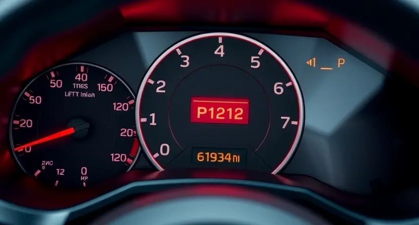 A close-up shot of a Nissan car's dashboard, focusing on the instrument cluster. The display should show a prominent error message, specifically 'P1212', highlighted in red. The background should be slightly blurred to emphasize the error message. The overall lighting should be realistic and automotive-focused.