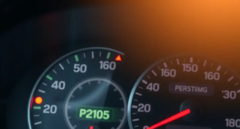 A close-up of a car's dashboard displaying a warning light and the text "P2105" illuminated. The background should show a slightly blurred view of the car's interior, focusing on the instrument cluster. The overall lighting should be realistic, mimicking a car's interior lighting conditions.