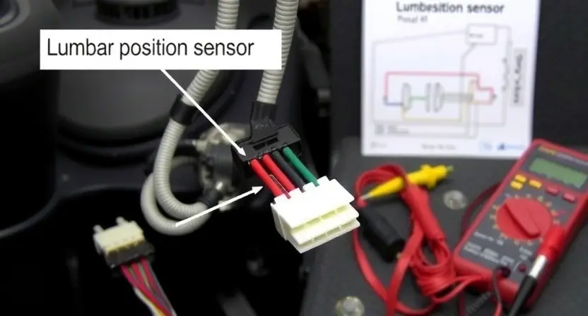 A detailed visual inspection of a car's wiring harness and connectors related to the lumbar position sensor. Show a close-up of the sensor's connector, with clear and clean wiring, highlighting the connection points. Include a well-lit, professional setting with tools like a multimeter and a wiring diagram in the background.