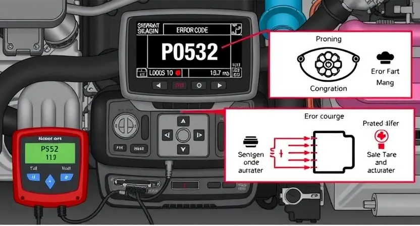 A detailed illustration of a car's engine control unit (ECU) with various diagnostic tools connected. Focus on the ECU's display showing a P0532 error code. Include visual representations of the error code's meaning and potential causes, such as a diagram of the relevant sensors and actuators.