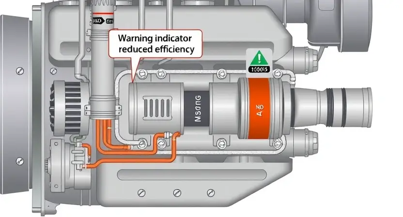 A high-quality technical illustration showing a diesel engine exhaust system with a NOx sensor in bank 2, highlighting a warning indicator for reduced efficiency, clean technical diagram style, precise mechanical details, neutral color palette, no text or numbers on image