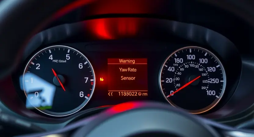 A close-up shot of a car's instrument panel displaying a warning light related to the yaw rate sensor. The focus should be on the warning light and the surrounding gauges, showing a modern car interior. The car should be parked in a well-lit garage or showroom.