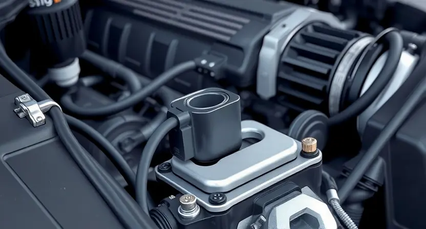 A close-up, detailed illustration of a car engine bay with a focus on the mass airflow sensor (MAF sensor). The sensor should be clearly visible, with surrounding engine components subtly in focus. The overall lighting should be bright and clean, highlighting the sensor's details.