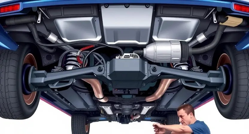 A detailed illustration of a car's rear undercarriage, focusing on the body position sensor. The sensor should be clearly visible, along with the wiring harness connected to it. Show the surrounding components of the vehicle's chassis, including suspension parts and the rear axle. The image should depict a mechanic working on the sensor, perhaps with tools nearby, indicating a repair or replacement process. The overall scene should be well-lit and realistic, emphasizing the technical aspects of