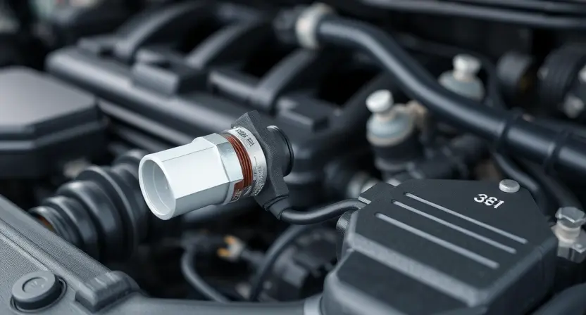 A close-up, detailed illustration of a car engine bay, focusing on the coolant temperature sensor. The sensor should be clearly visible, along with associated wiring and hoses. The background should show other engine components, but blurred to keep the focus on the sensor. The overall lighting should be bright and even, highlighting the sensor's details. The image should convey a sense of technical precision and clarity.