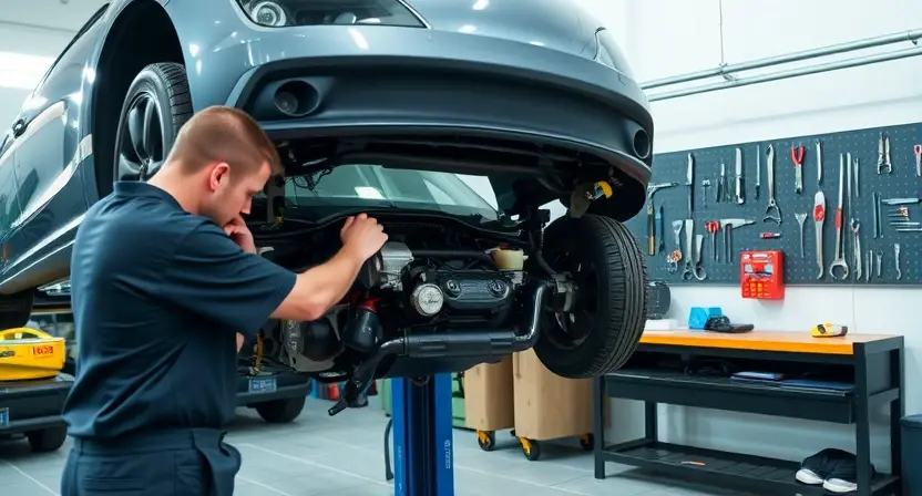 A mechanic working on the engine of a car. The car is lifted on a hydraulic lift in a well-lit garage. Tools are neatly arranged on a workbench in the background. Focus on the engine compartment and the mechanic's hands working on the engine.