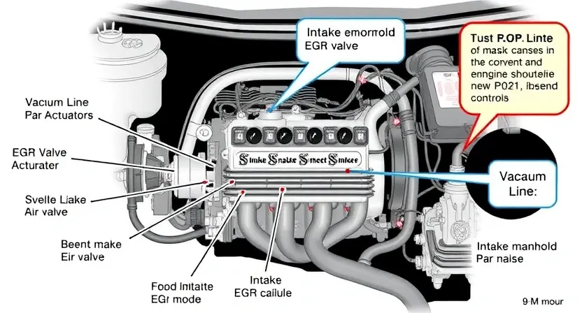 A detailed diagram illustrating a car's engine control system, highlighting the P0221 error code and its related components (e.g., EGR valve, intake manifold, vacuum lines). The diagram should show the flow of air and exhaust gases, and the connections between the sensors and actuators. Focus on clarity and technical accuracy.