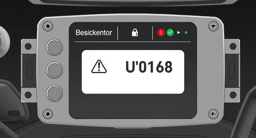 A high-quality technical illustration of a car anti-theft system control module showing a broken communication link, with warning indicators and error code U0168 displayed prominently, clean technical diagram style, precise engineering details, no text or numbers on image