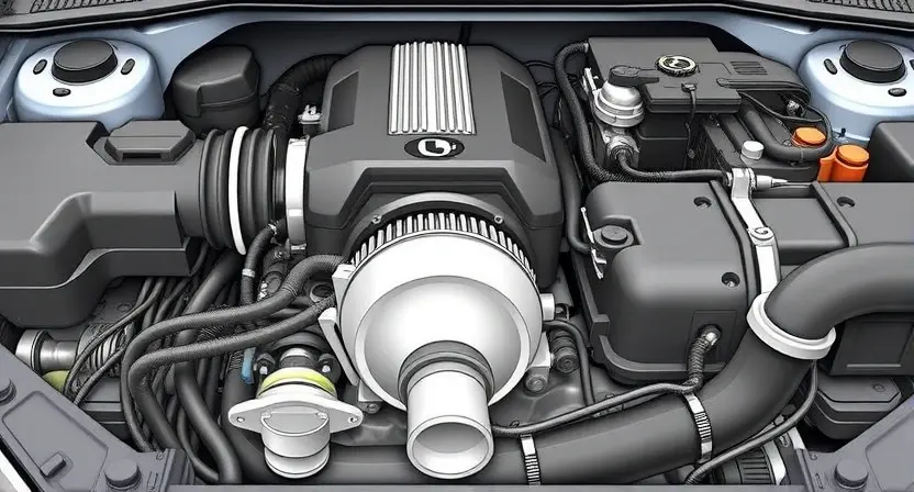 A close-up, detailed illustration of a car engine bay with a mechanic inspecting the engine. Focus on the air intake system and related components. The engine should appear clean and well-maintained. The mechanic should be wearing professional attire and using diagnostic tools.