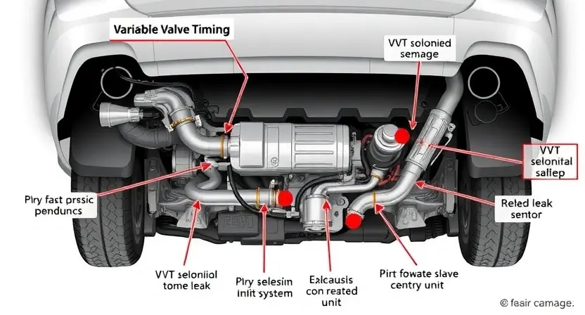 A detailed illustration of a car's exhaust system, specifically focusing on the VVT (Variable Valve Timing) system components. Show the VVT solenoid, control unit, and related sensors. Include visual cues indicating potential issues like leaks or damage.