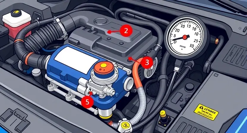 A detailed illustration of a car's engine compartment, focusing on the cooling system. Show a close-up of the electric water pump, highlighting any potential issues or damage. Include hoses, radiator, and temperature gauge. The overall scene should convey a sense of technical inspection and potential malfunction.