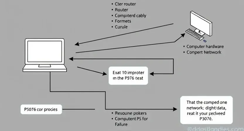 A detailed schematic diagram illustrating a network troubleshooting process. The diagram should show a computer connected to a network, with various potential points of failure highlighted (e.g., router, cable, computer hardware). Arrows should indicate the flow of data and the steps involved in diagnosing and resolving the P3076 error. Focus on visual representation of network components and troubleshooting steps, avoiding text labels within the diagram itself.