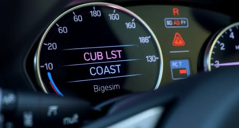 A detailed close-up of a car dashboard with the cruise control system highlighted, showing the COAST signal malfunction indicator illuminated. The dashboard should have a modern design with digital displays and various control buttons. The image should emphasize the specific area where the COAST signal is displayed, indicating a potential issue with the cruise control system.
