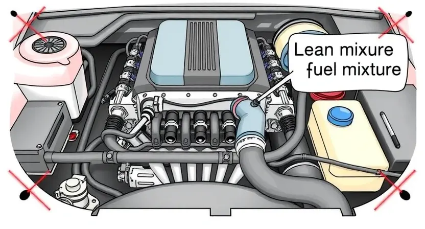 A detailed illustration of a car's engine bay, focusing on the fuel system. Include fuel injectors, fuel lines, and the intake manifold. Show a visual representation of a lean fuel mixture, perhaps with a slightly lighter color or visual distortion around the injectors.