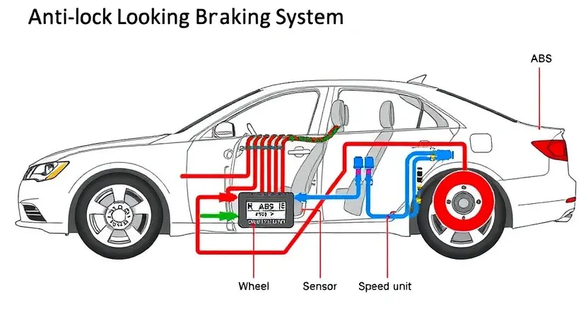 A detailed diagram of a car's Anti-lock Braking System (ABS). The diagram should clearly show the ABS control module, wheel speed sensors, hydraulic control unit, and brake lines. Use color-coding to differentiate components. The background should be a clean, neutral color.