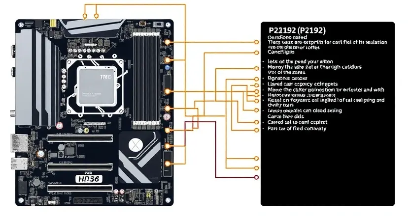 A detailed schematic diagram illustrating a computer motherboard with a highlighted P2192 error indicator. Focus on the logical connections and components related to the error, such as the chipset, memory slots, and power supply. Use clear visual cues to indicate the error's location and potential causes. The background should be a clean, neutral color to emphasize the diagram.
