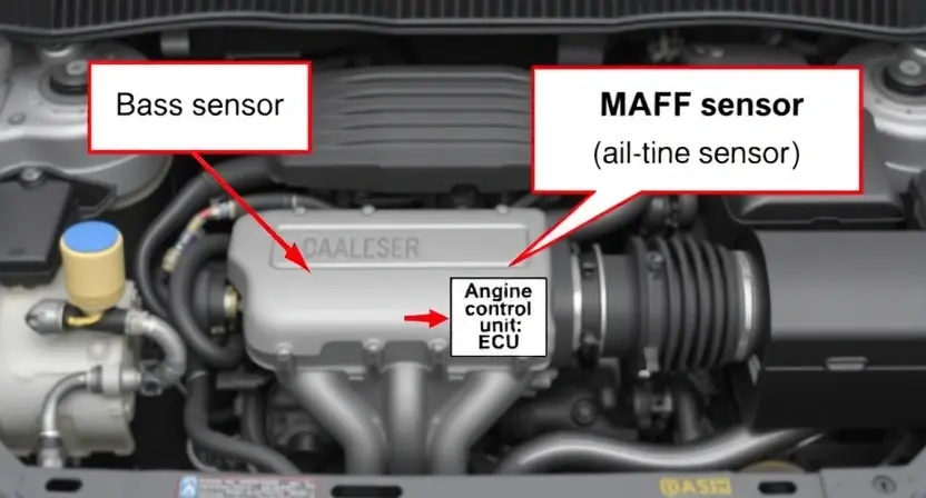 A detailed illustration of a car's engine bay, highlighting the location of the mass airflow sensor (MAF sensor). The sensor should be clearly visible, with arrows pointing to its position and a small diagram showing its connection to the engine control unit (ECU). The background should be a slightly blurred engine bay environment.