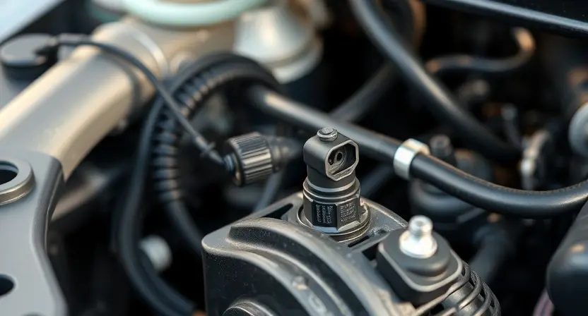 A close-up, detailed image of a car's engine bay, focusing on the engine coolant temperature sensor. The sensor should be clearly visible, along with surrounding hoses and wiring. The overall lighting should be bright and clean, highlighting the mechanical components. The background should be slightly blurred to emphasize the sensor.