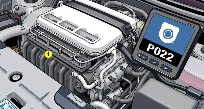 A detailed illustration of a car engine with a diagnostic code P0222 highlighted. The engine should be realistically rendered, showing various components like the intake manifold, camshaft, and sensors. The P0222 code should be clearly displayed on a digital display near the engine.